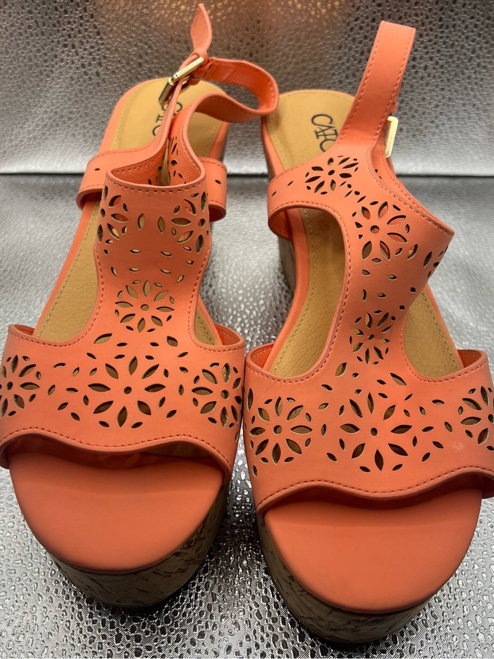 Cato Coral Laser-Cut Wedge Sandals
